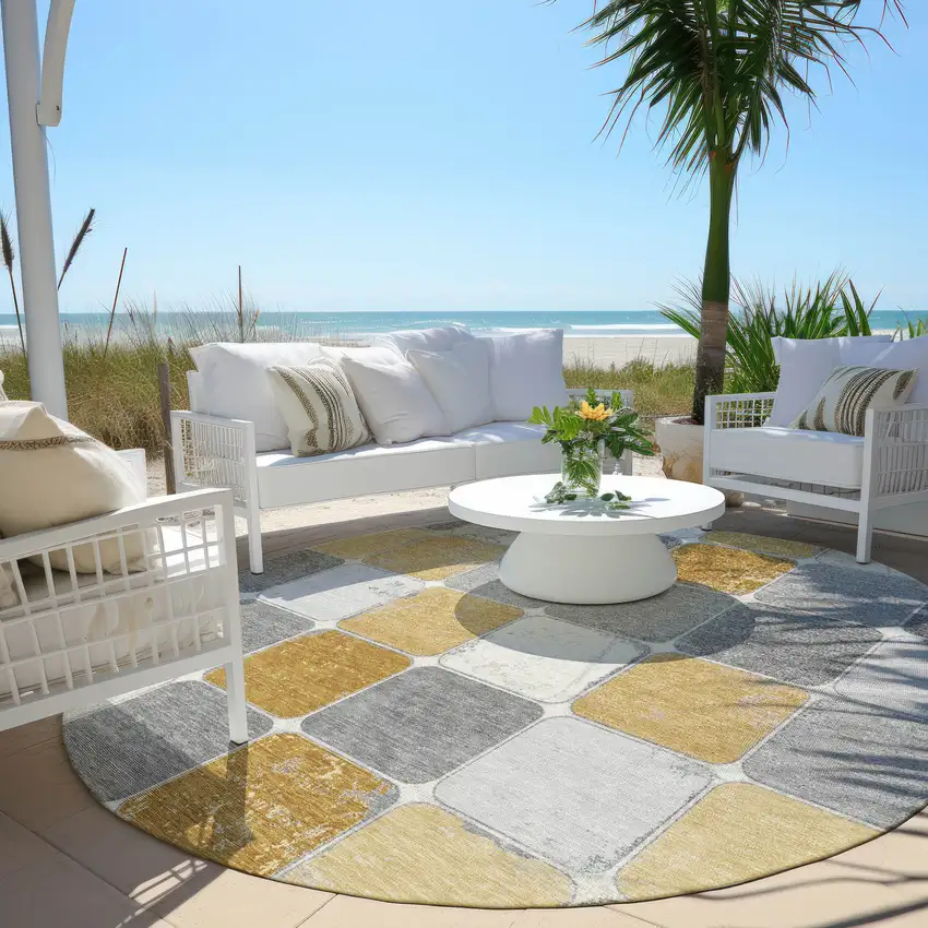 8' Gold And Gray Round Geometric Washable Indoor Outdoor Area Rug Photo 6