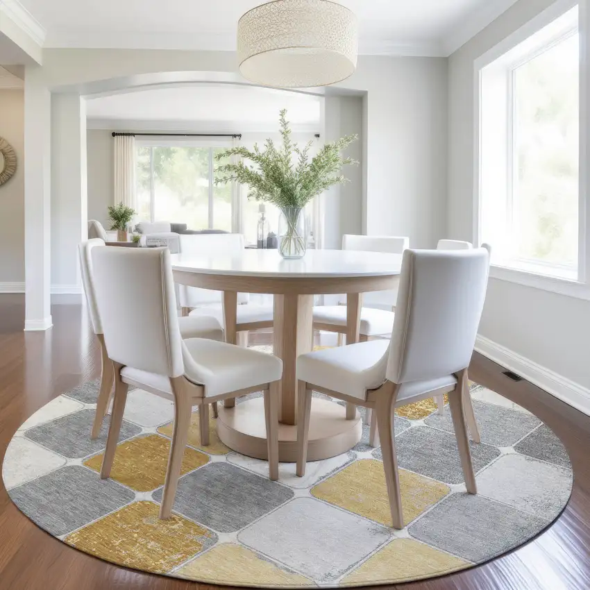 8' Gold And Gray Round Geometric Washable Indoor Outdoor Area Rug Photo 7