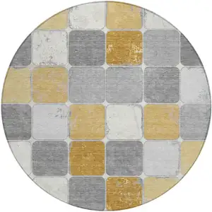 Photo of 8' Gold And Gray Round Geometric Washable Indoor Outdoor Area Rug