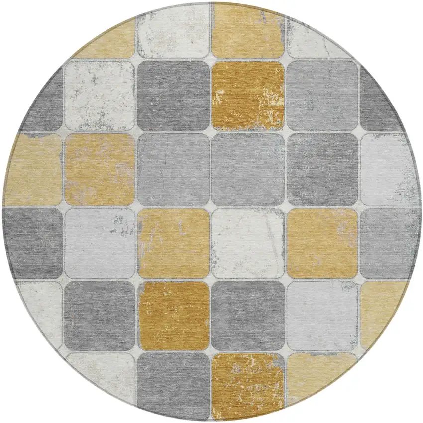 8' Gold And Gray Round Geometric Washable Indoor Outdoor Area Rug Photo 1