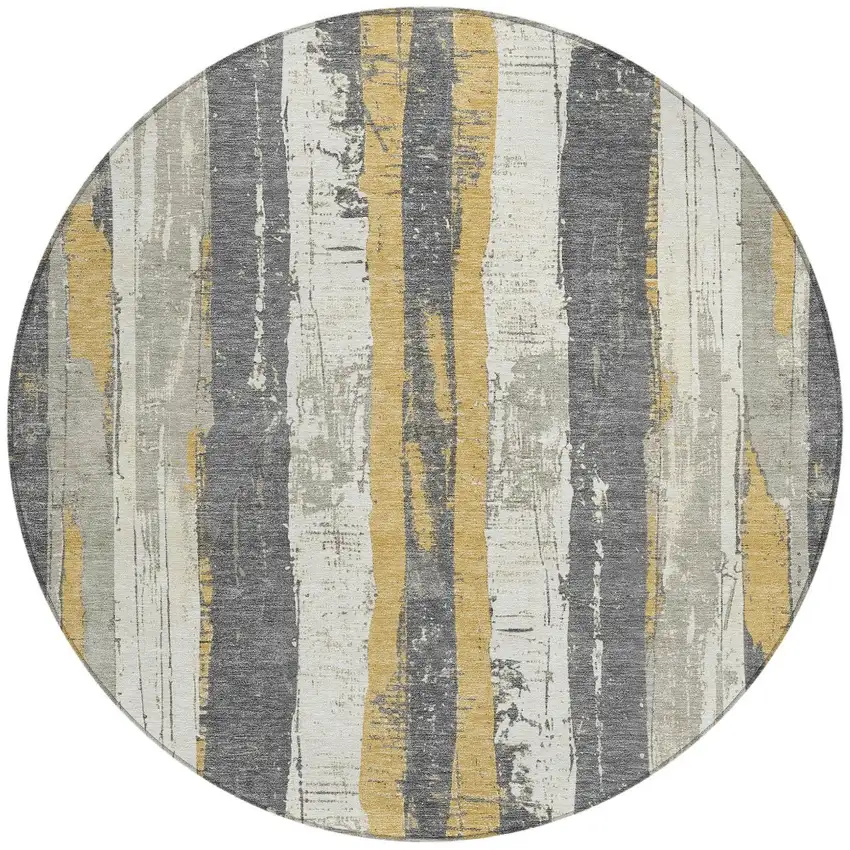 8' Gold And Gray Round Striped Washable Indoor Outdoor Area Rug Photo 3