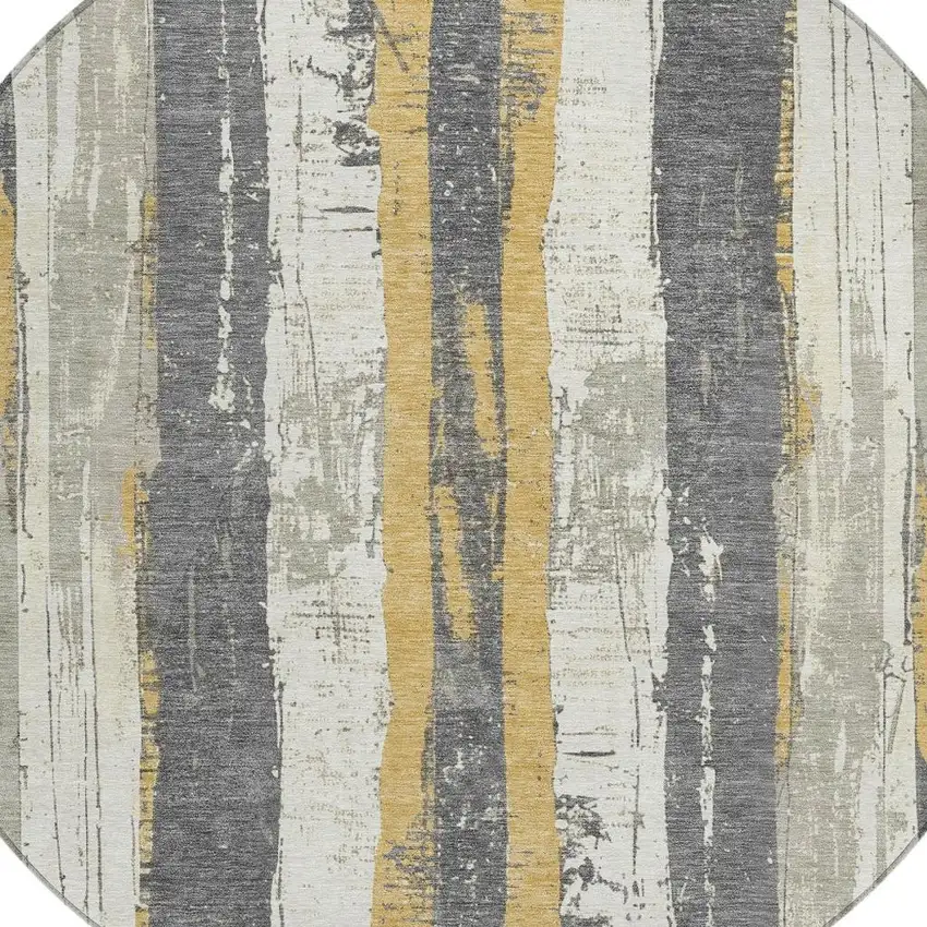 8' Gold And Gray Round Striped Washable Indoor Outdoor Area Rug Photo 4