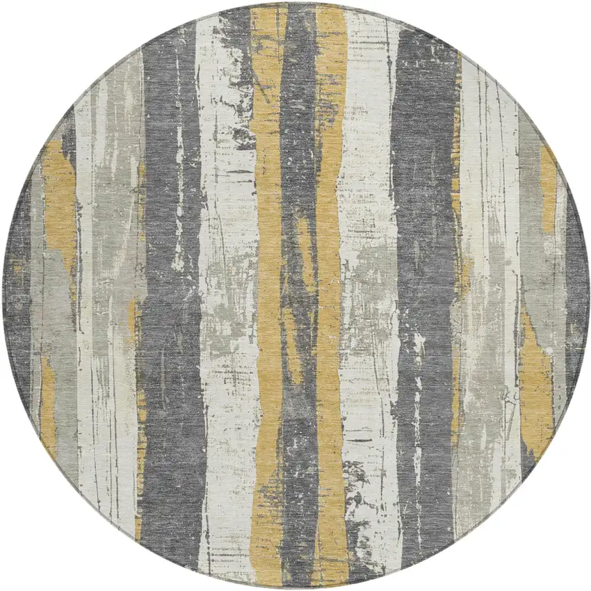 8' Gold And Gray Round Striped Washable Indoor Outdoor Area Rug Photo 1