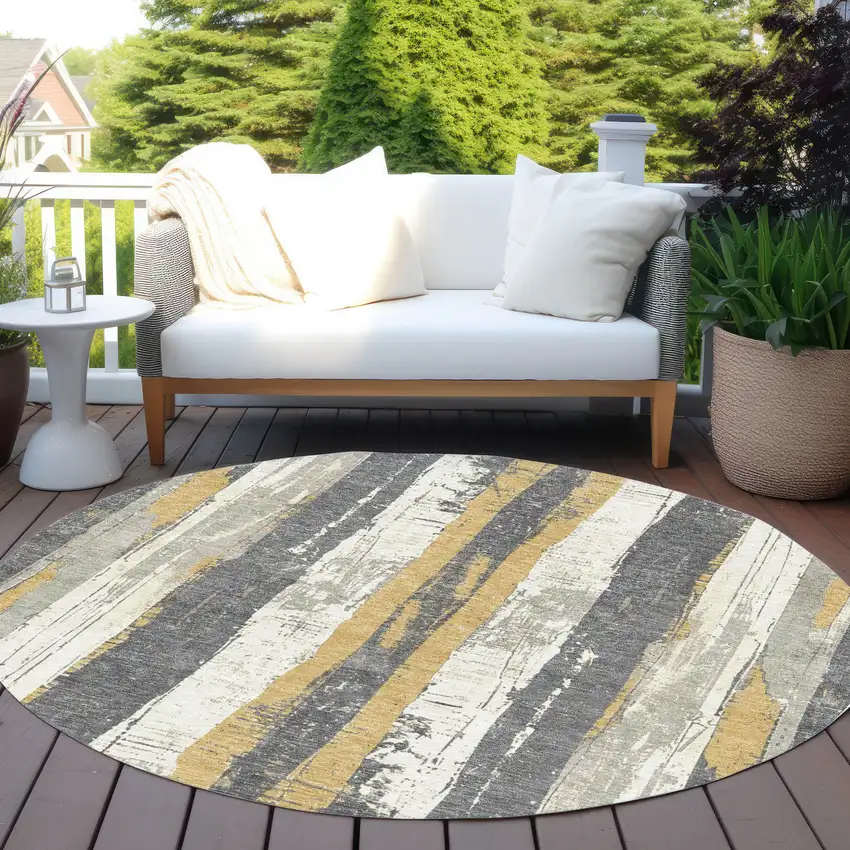 8' Gold And Gray Round Striped Washable Indoor Outdoor Area Rug Photo 6