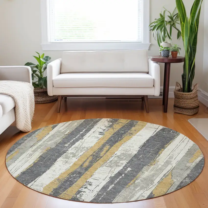 8' Gold And Gray Round Striped Washable Indoor Outdoor Area Rug Photo 7