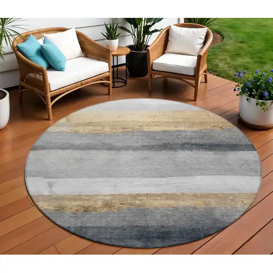 8' Gold And Gray Round Striped Washable Indoor Outdoor Area Rug Photo 2