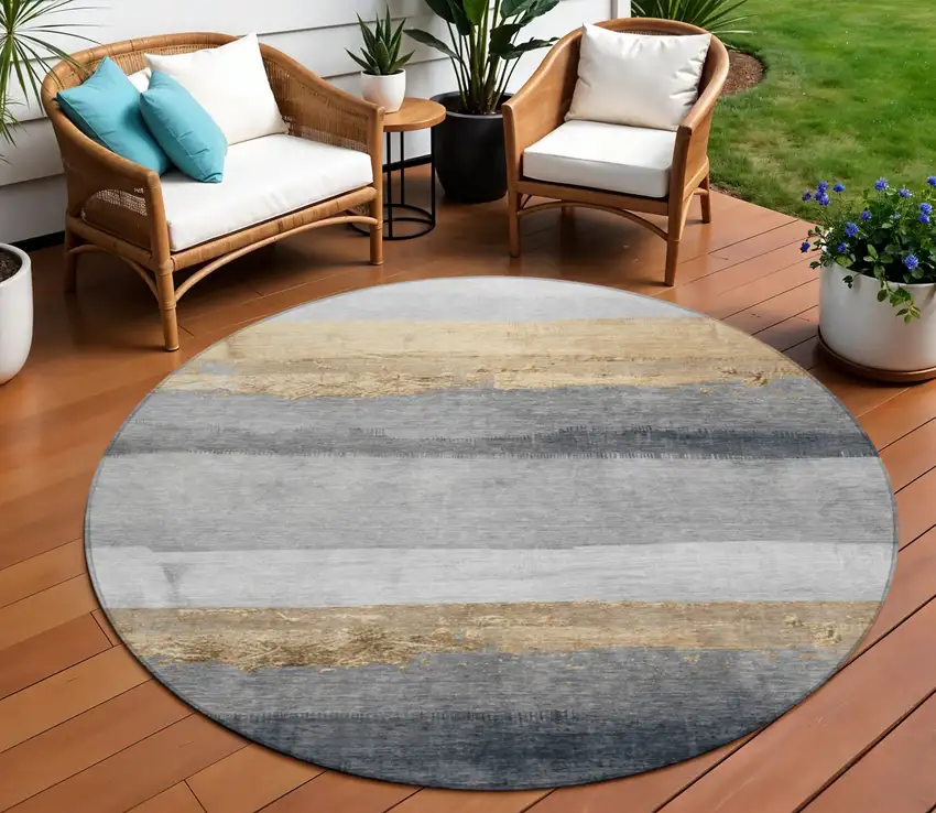 8' Gold And Gray Round Striped Washable Indoor Outdoor Area Rug Photo 2