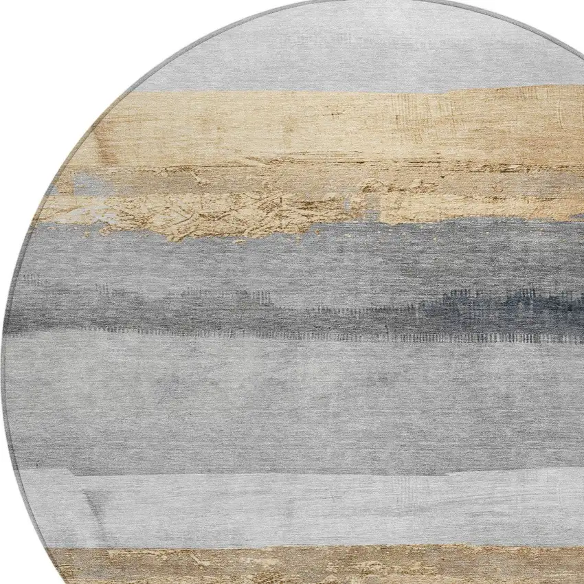 8' Gold And Gray Round Striped Washable Indoor Outdoor Area Rug Photo 7