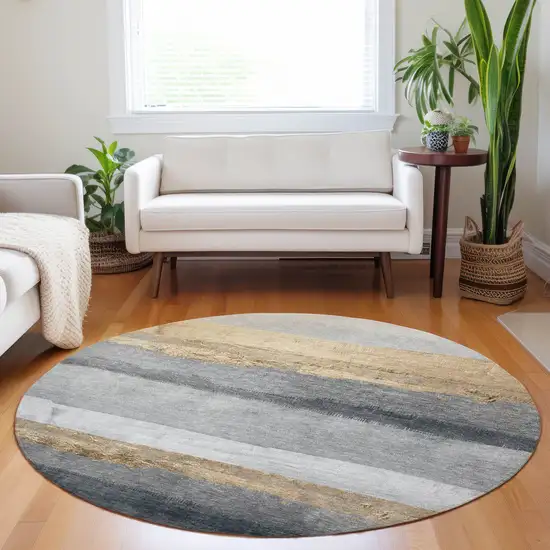 8' Gold And Gray Round Striped Washable Indoor Outdoor Area Rug Photo 5