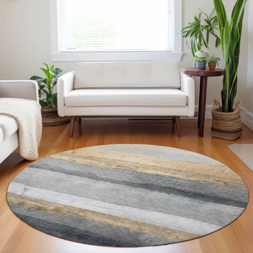8' Gold And Gray Round Striped Washable Indoor Outdoor Area Rug Photo 5