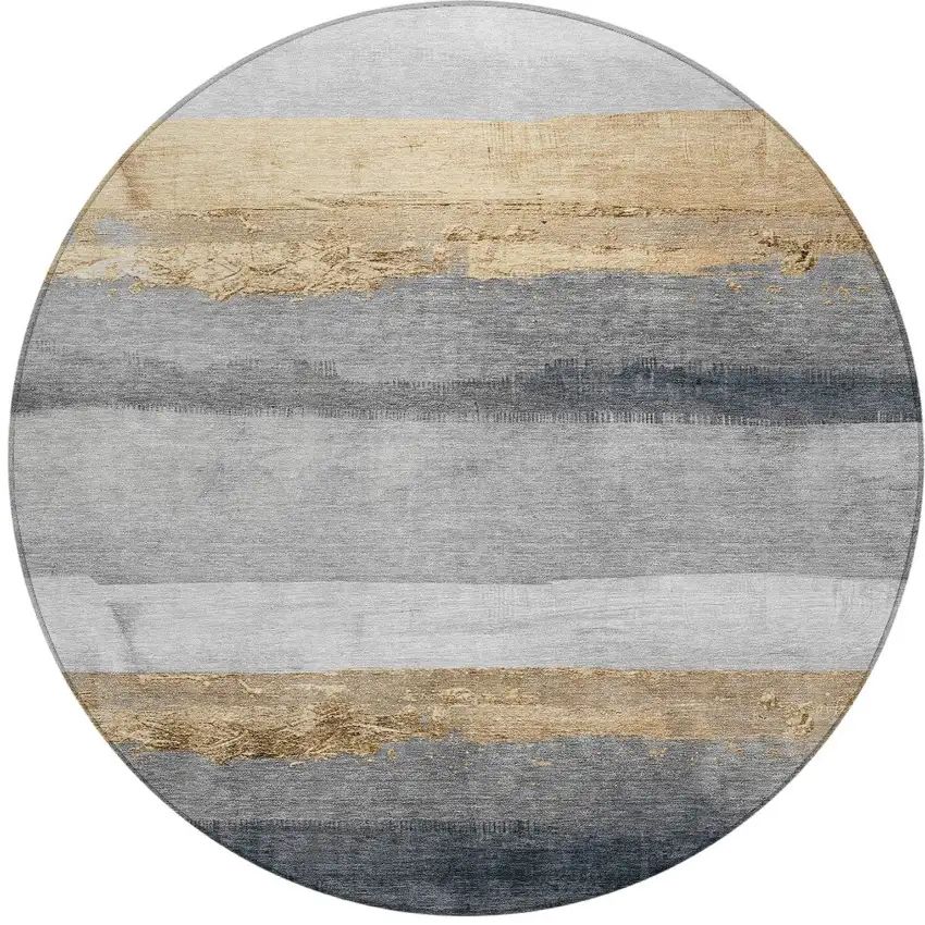 8' Gold And Gray Round Striped Washable Indoor Outdoor Area Rug Photo 3