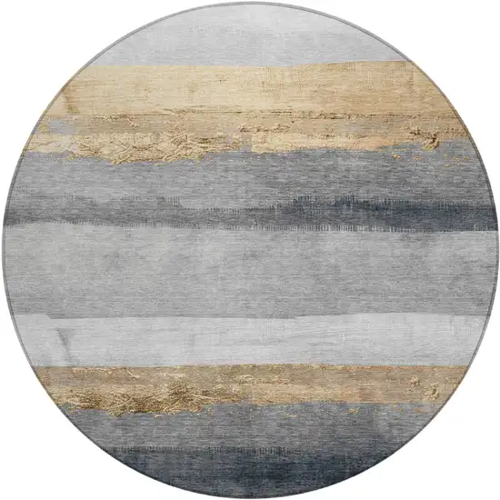 8' Gold And Gray Round Striped Washable Indoor Outdoor Area Rug Photo 1