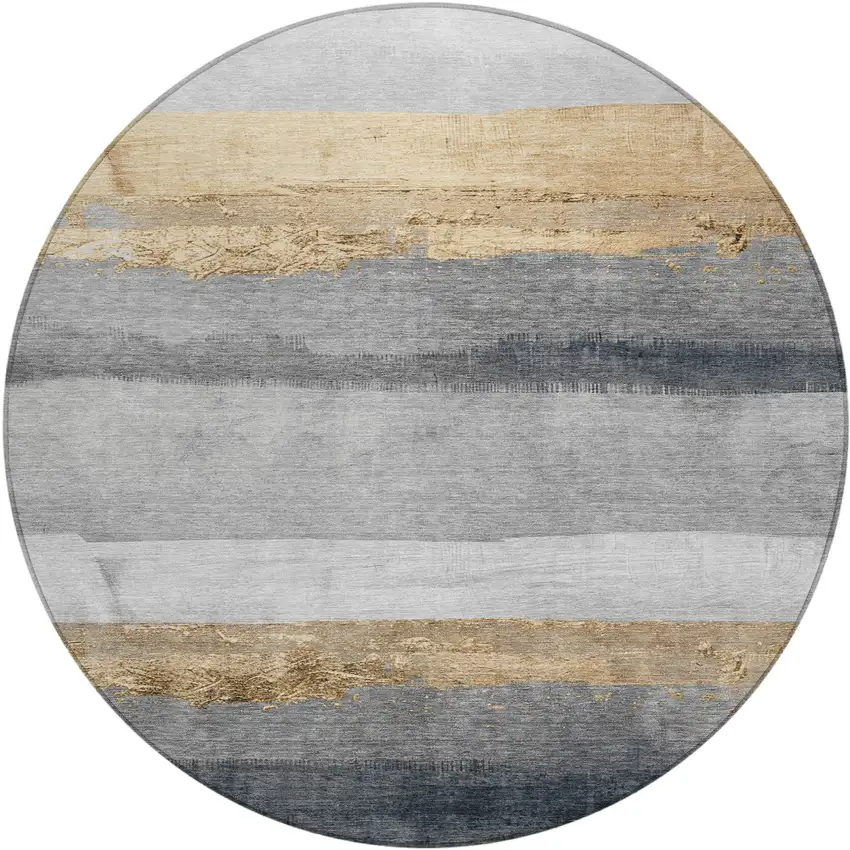 8' Gold And Gray Round Striped Washable Indoor Outdoor Area Rug Photo 1