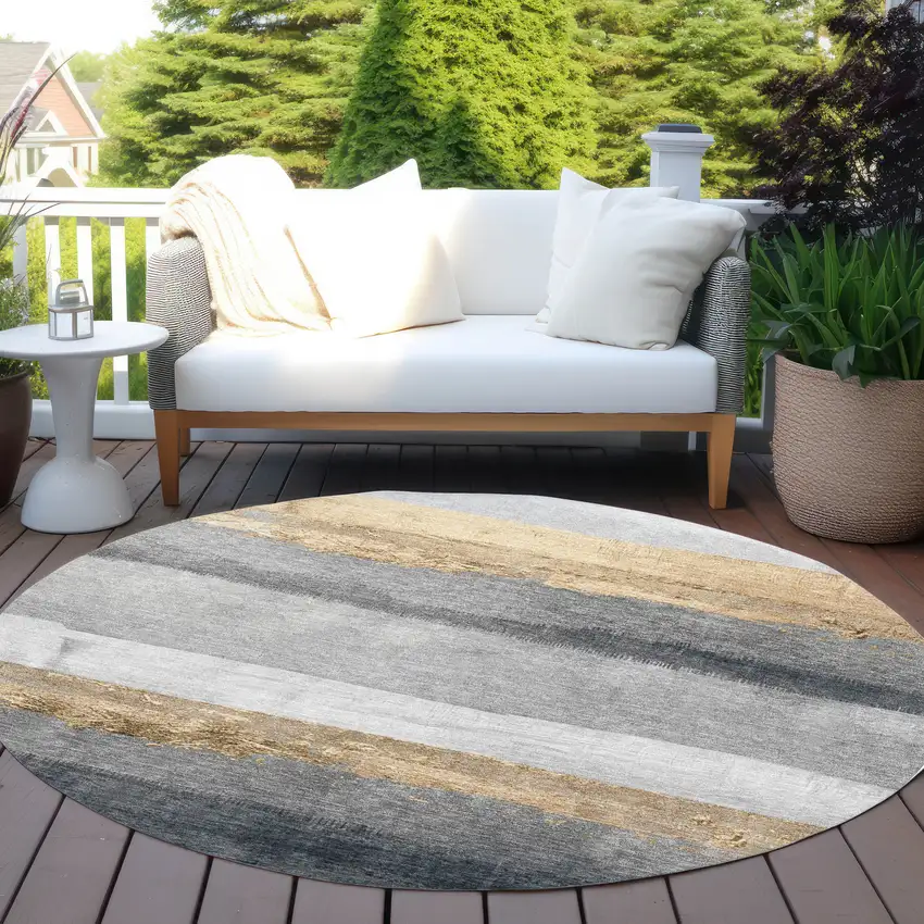 8' Gold And Gray Round Striped Washable Indoor Outdoor Area Rug Photo 4