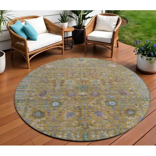 8' Gold And Green Round Floral Washable Indoor Outdoor Area Rug Photo 1