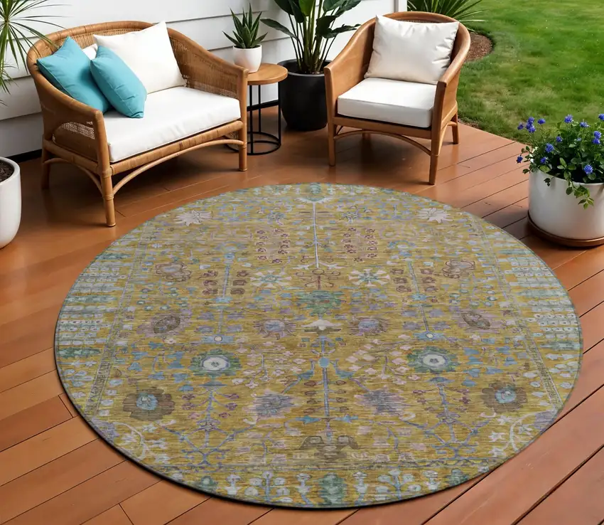 8' Gold And Green Round Floral Washable Indoor Outdoor Area Rug Photo 1