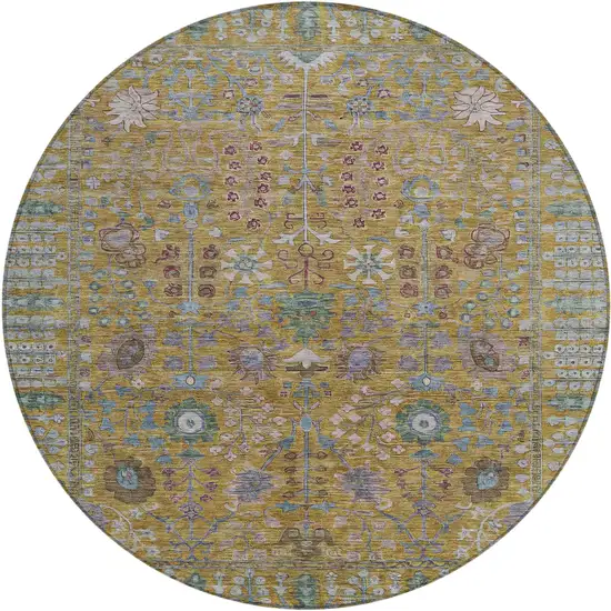 8' Gold And Green Round Floral Washable Indoor Outdoor Area Rug Photo 2