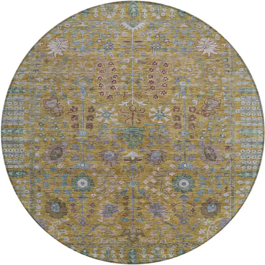 8' Gold And Green Round Floral Washable Indoor Outdoor Area Rug Photo 2