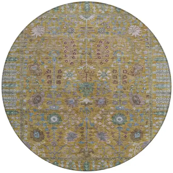 8' Gold And Green Round Floral Washable Indoor Outdoor Area Rug Photo 4
