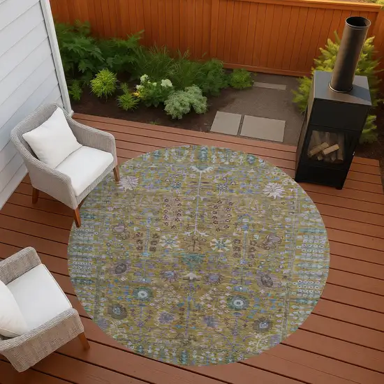 8' Gold And Green Round Floral Washable Indoor Outdoor Area Rug Photo 7