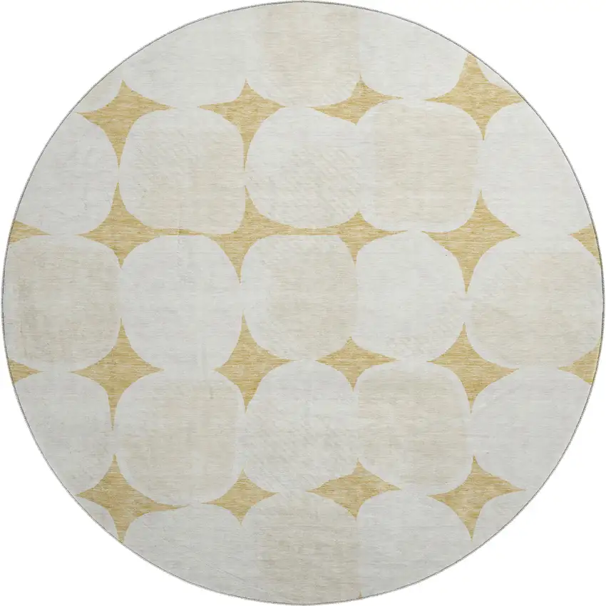 8' Gold And Ivory Abstract Geometric Washable Round Rug With UV Protection Photo 1