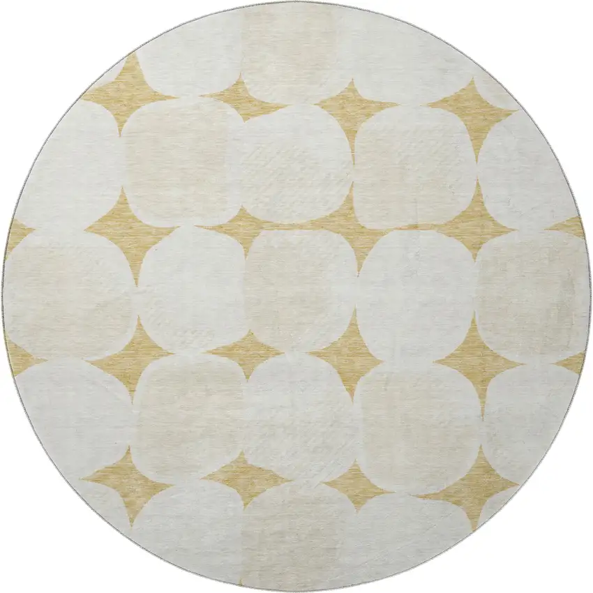 8' Gold And Ivory Abstract Geometric Washable Round Rug With UV Protection Photo 4