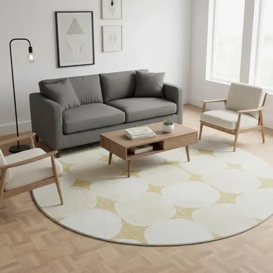 8' Gold And Ivory Abstract Geometric Washable Round Rug With UV Protection Photo 2