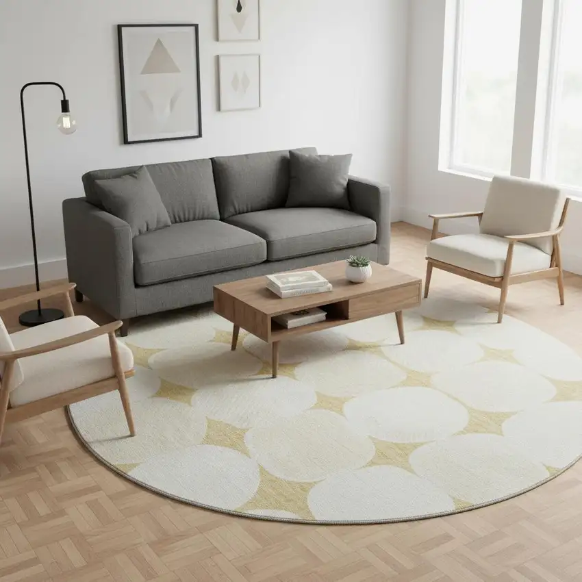 8' Gold And Ivory Abstract Geometric Washable Round Rug With UV Protection Photo 2