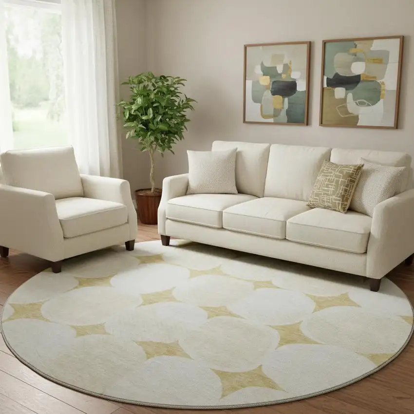 8' Gold And Ivory Abstract Geometric Washable Round Rug With UV Protection Photo 1