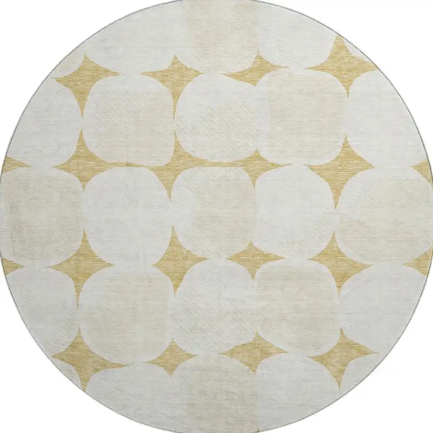 8' Gold And Ivory Abstract Geometric Washable Round Rug With UV Protection Photo 3