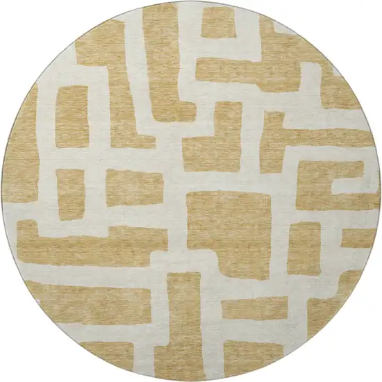 8' Gold And Ivory Abstract Geometric Washable Round Rug With UV Protection Photo 4