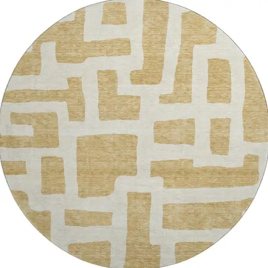 8' Gold And Ivory Abstract Geometric Washable Round Rug With UV Protection Photo 3