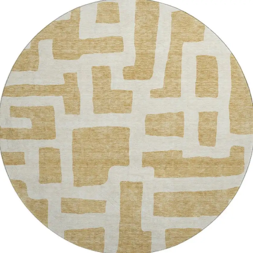 8' Gold And Ivory Abstract Geometric Washable Round Rug With UV Protection Photo 3