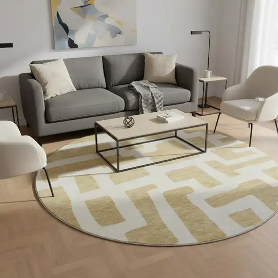 8' Gold And Ivory Abstract Geometric Washable Round Rug With UV Protection Photo 2
