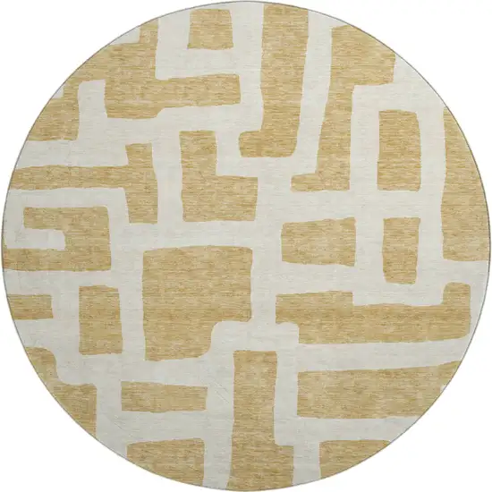 8' Gold And Ivory Abstract Geometric Washable Round Rug With UV Protection Photo 1