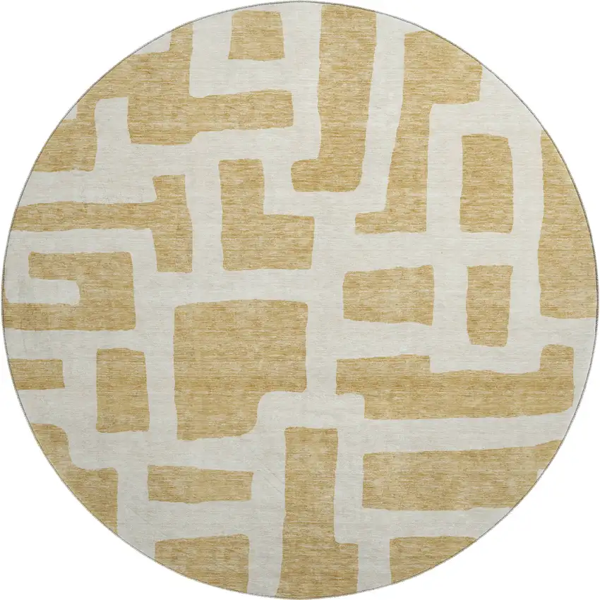 8' Gold And Ivory Abstract Geometric Washable Round Rug With UV Protection Photo 1