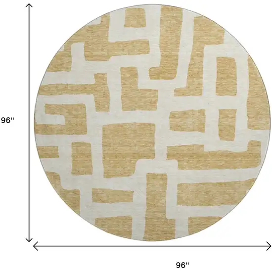 8' Gold And Ivory Abstract Geometric Washable Round Rug With UV Protection Photo 3