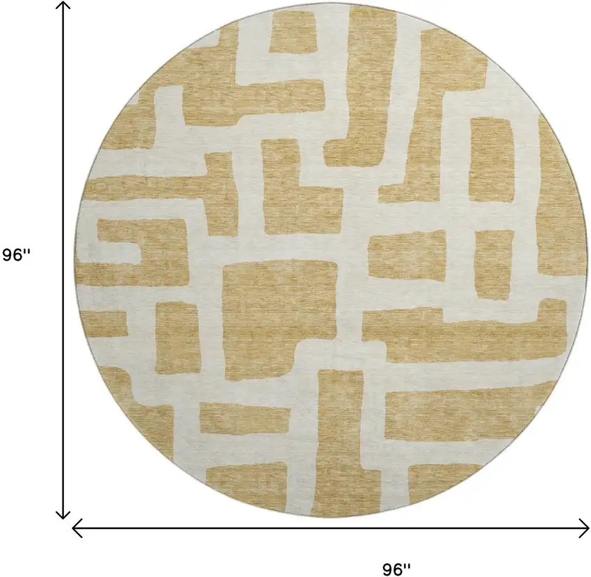 8' Gold And Ivory Abstract Geometric Washable Round Rug With UV Protection Photo 3