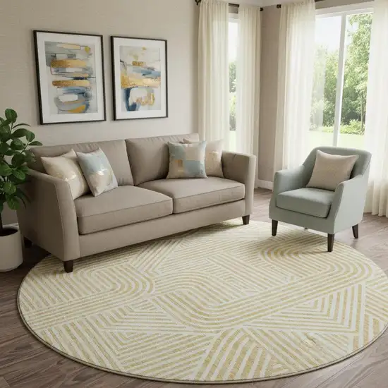 8' Gold And Ivory Abstract Geometric Washable Round Rug With UV Protection Photo 1