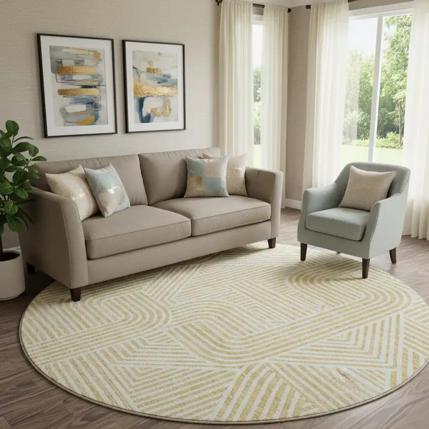 8' Gold And Ivory Abstract Geometric Washable Round Rug With UV Protection Photo 1