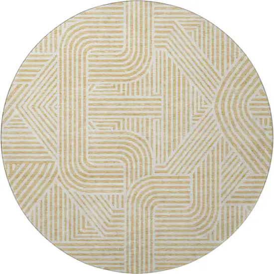 8' Gold And Ivory Abstract Geometric Washable Round Rug With UV Protection Photo 4