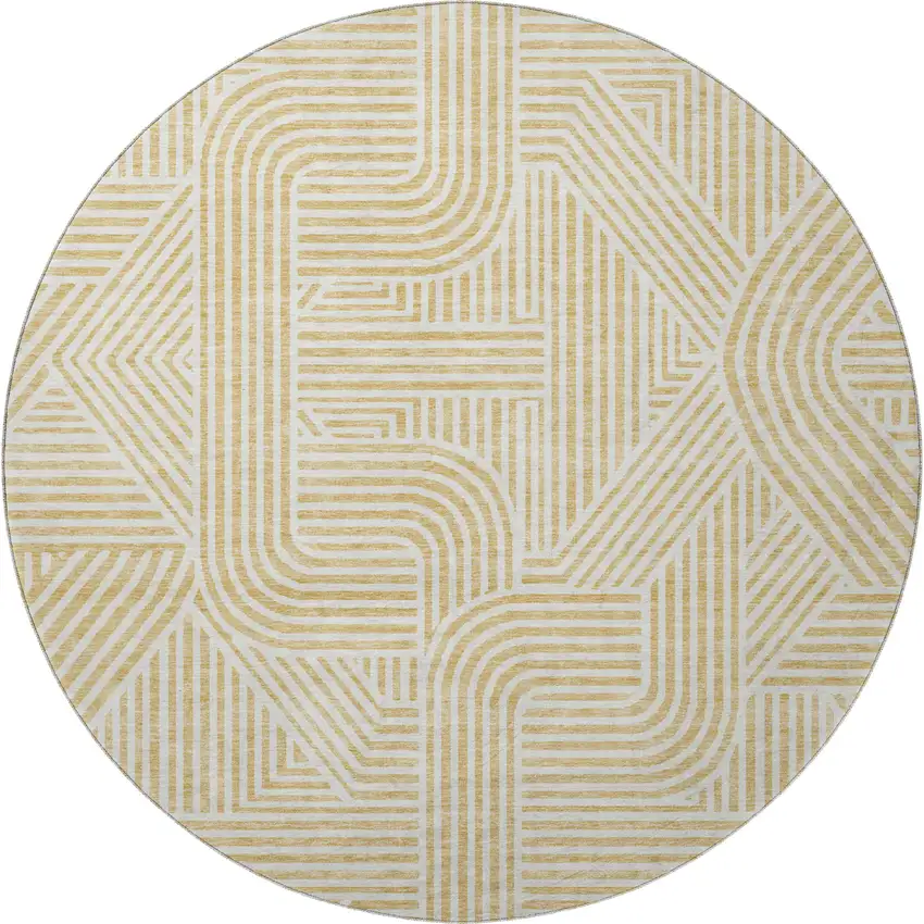 8' Gold And Ivory Abstract Geometric Washable Round Rug With UV Protection Photo 4