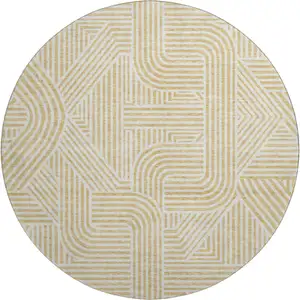 Photo of 8' Gold And Ivory Abstract Geometric Washable Round Rug With UV Protection