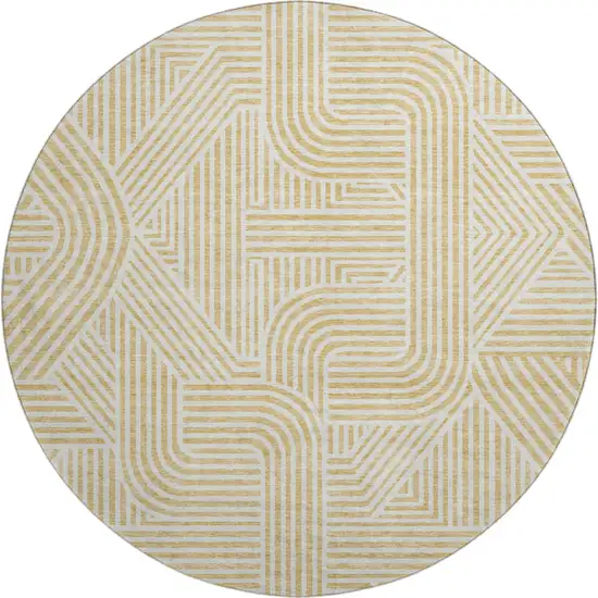 8' Gold And Ivory Abstract Geometric Washable Round Rug With UV Protection Photo 1