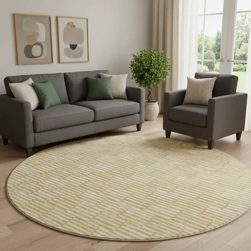 8' Gold And Ivory Abstract Geometric Washable Round Rug With UV Protection Photo 1