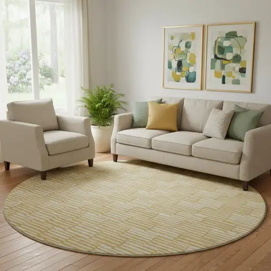 8' Gold And Ivory Abstract Geometric Washable Round Rug With UV Protection Photo 1