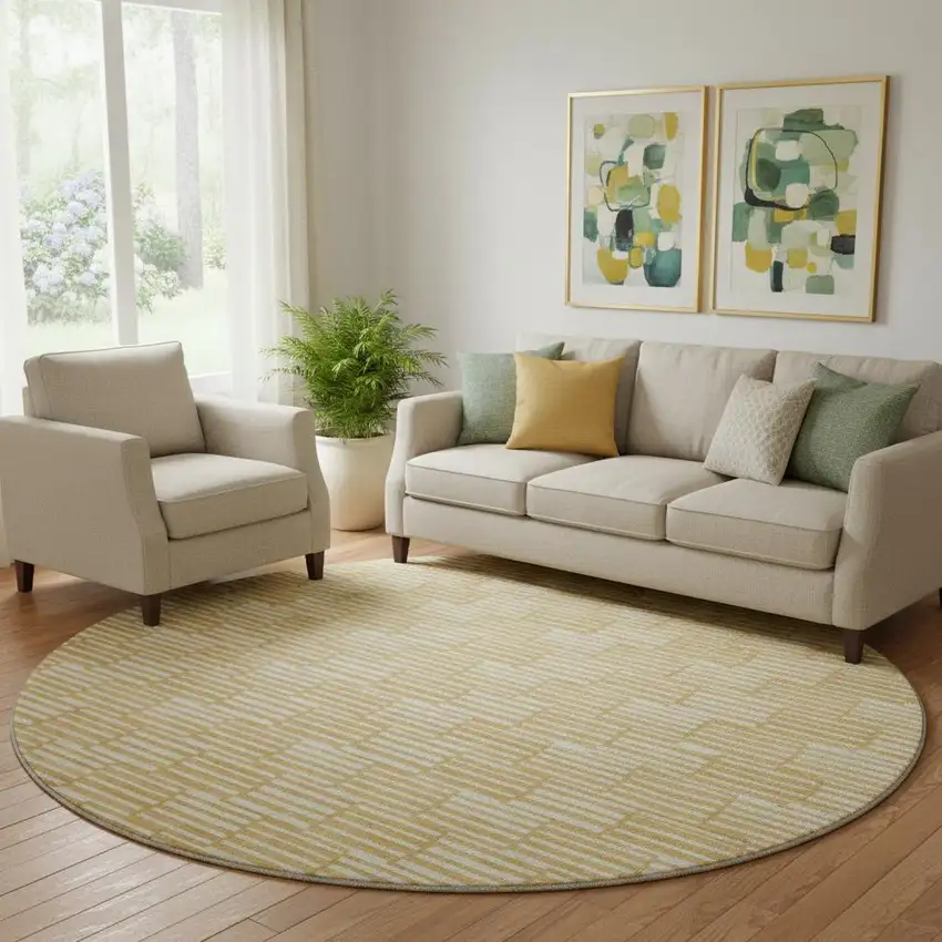 8' Gold And Ivory Abstract Geometric Washable Round Rug With UV Protection Photo 1