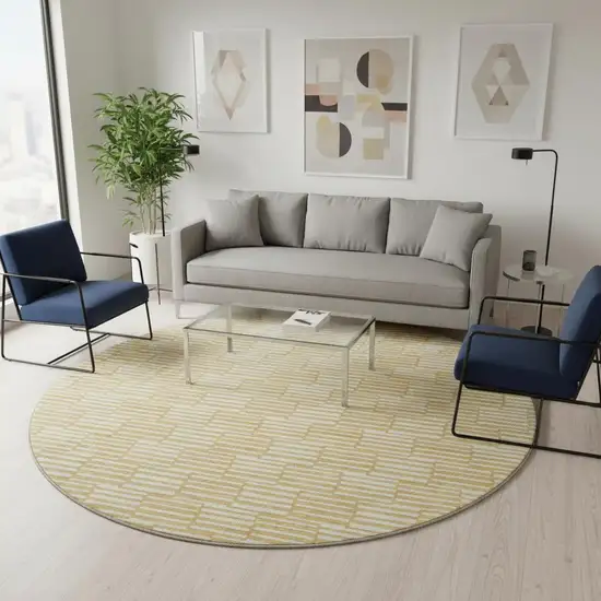 8' Gold And Ivory Abstract Geometric Washable Round Rug With UV Protection Photo 2