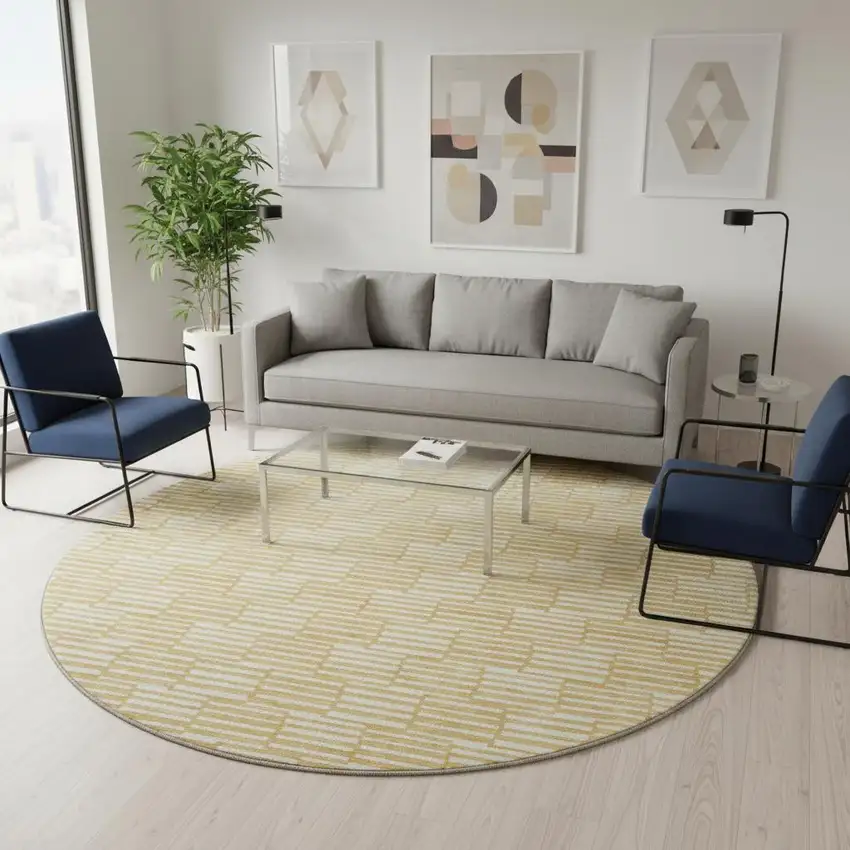 8' Gold And Ivory Abstract Geometric Washable Round Rug With UV Protection Photo 2