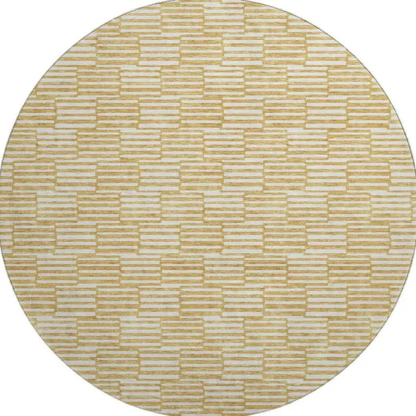 8' Gold And Ivory Abstract Geometric Washable Round Rug With UV Protection Photo 3